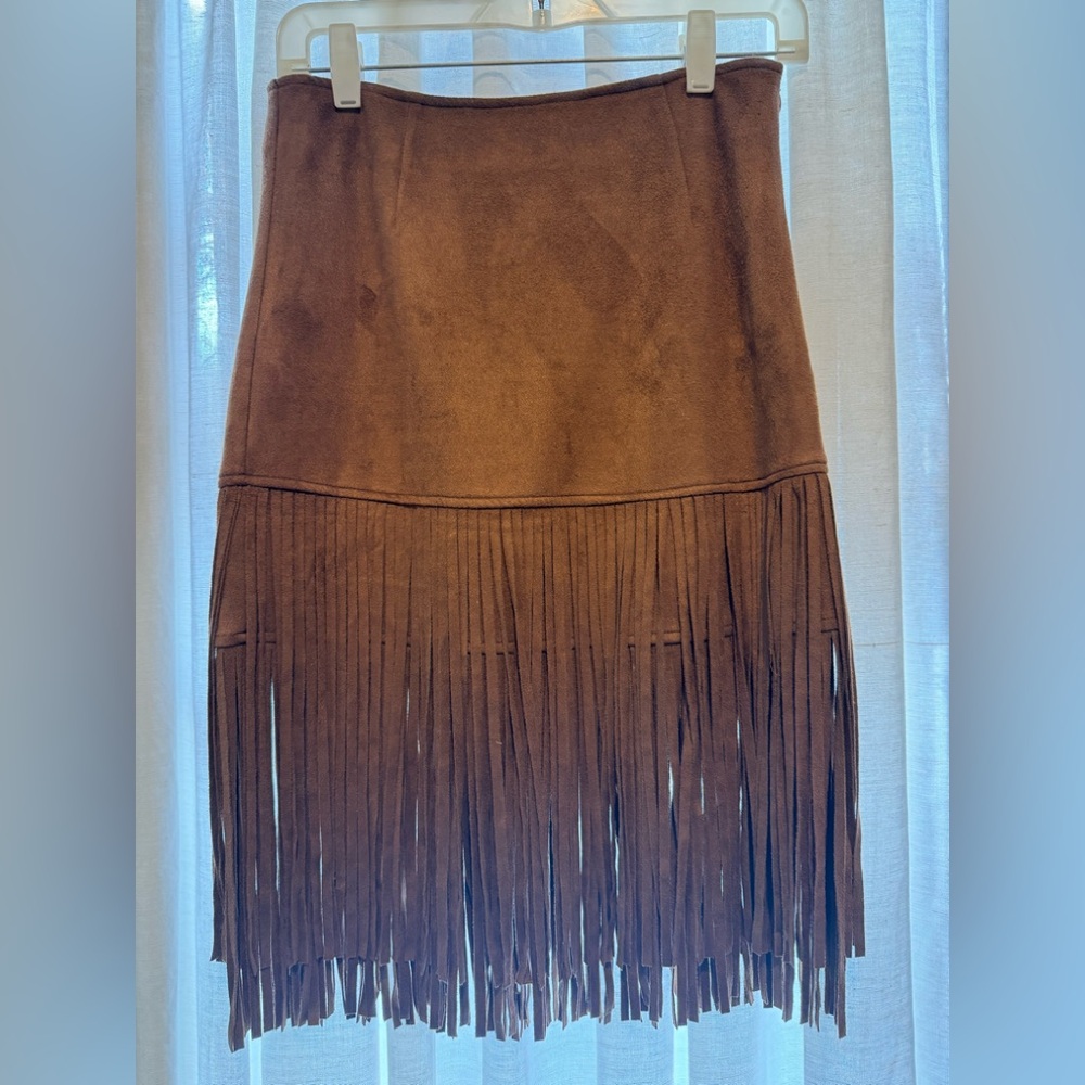 Brown Fringe Skirt Forever 21 size Small soft stretch micro- suede washable